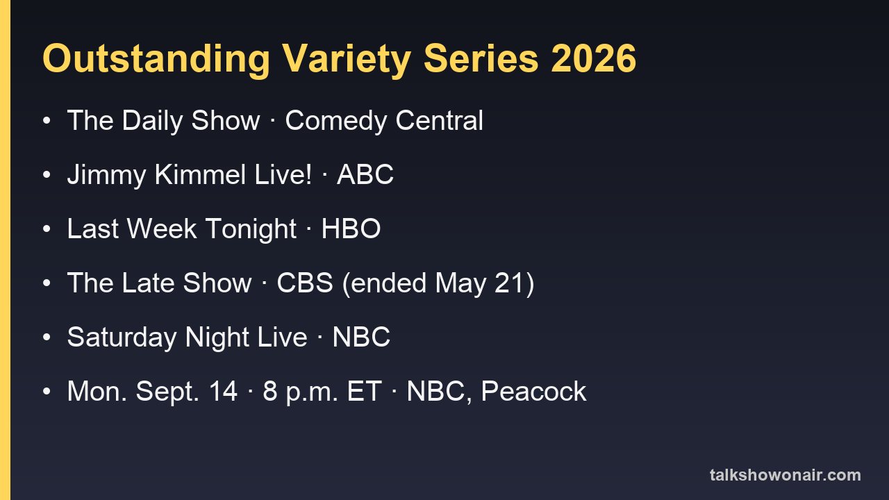 2026 Emmy nominees for Outstanding Variety Series: The Daily Show, Jimmy Kimmel Live, Last Week Tonight, The Late Show with Stephen Colbert and Saturday Night Live