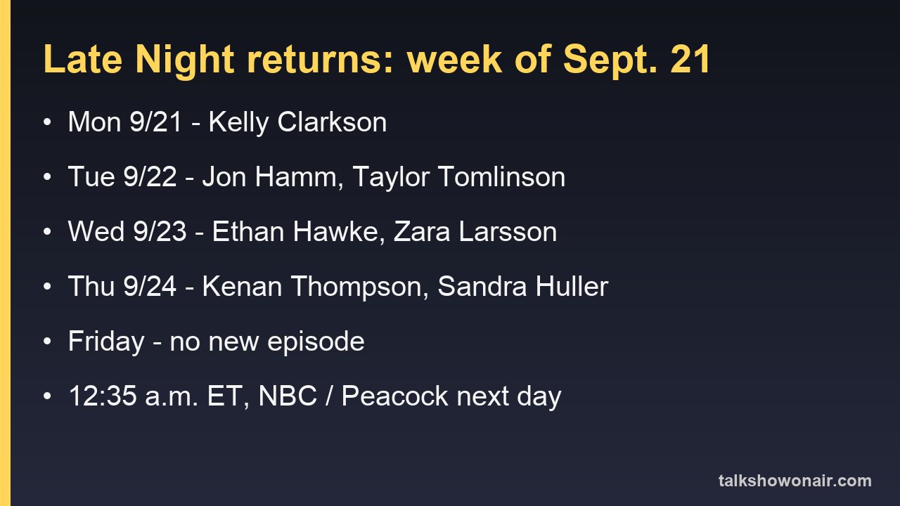 Late Night with Seth Meyers guests for the week of Sept. 21, 2026