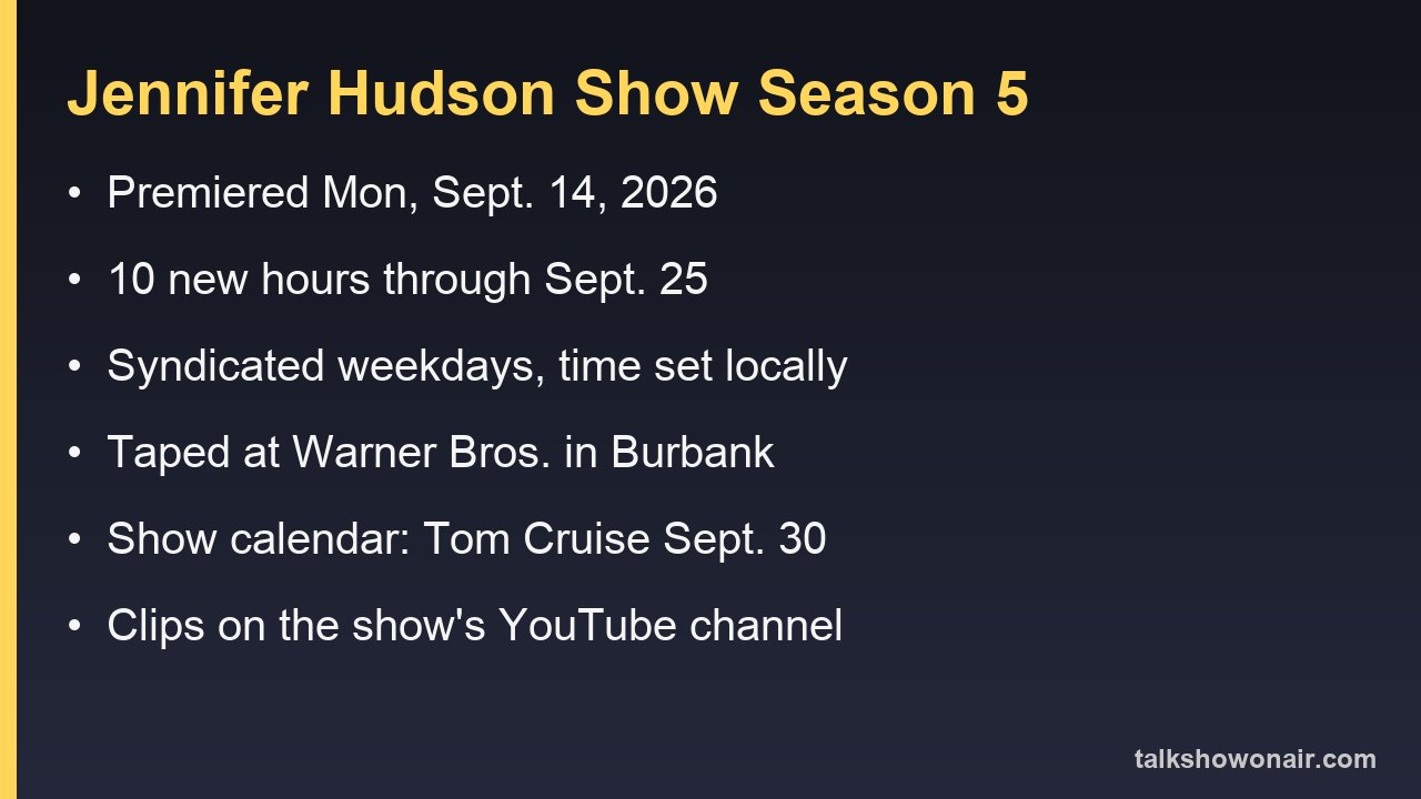 The Jennifer Hudson Show Season 5 at a glance: premiered Sept. 14, 2026, syndicated weekdays with local air times, taped at Warner Bros. in Burbank