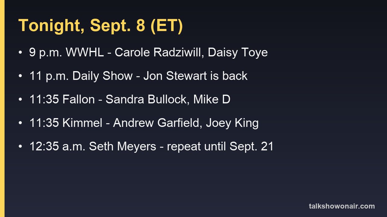 Tonight's late-night board for Sept. 8, 2026 with air times and guests