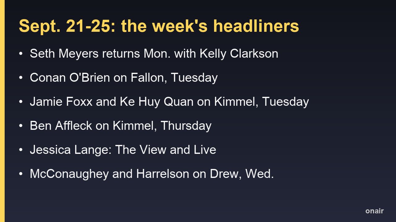 Sept. 21 to 25 talk show headliners: Kelly Clarkson, Conan O'Brien, Jamie Foxx, Ke Huy Quan, Ben Affleck and Jessica Lange