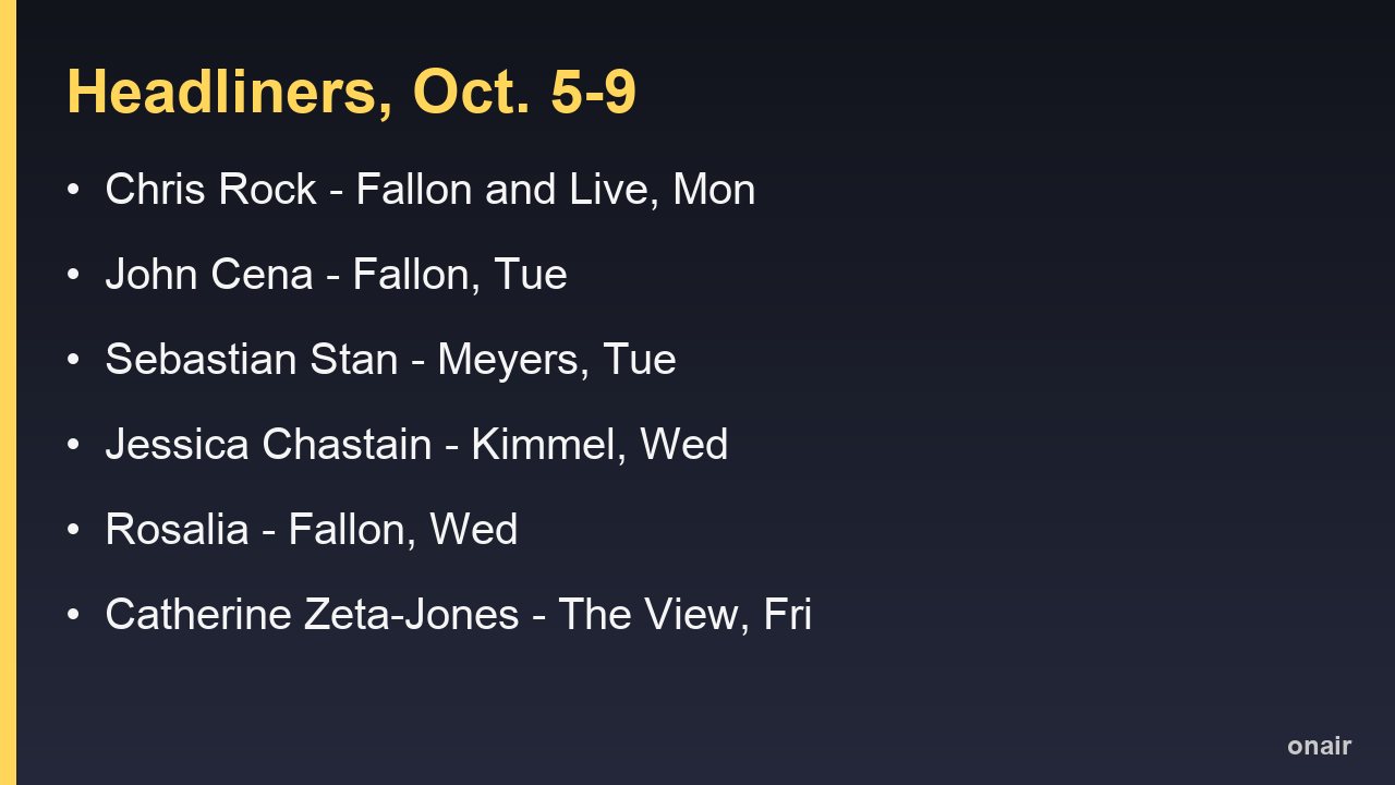 Oct. 5 to 9 talk show headliners: Chris Rock, John Cena, Sebastian Stan, Jessica Chastain, Rosalia, Catherine Zeta-Jones