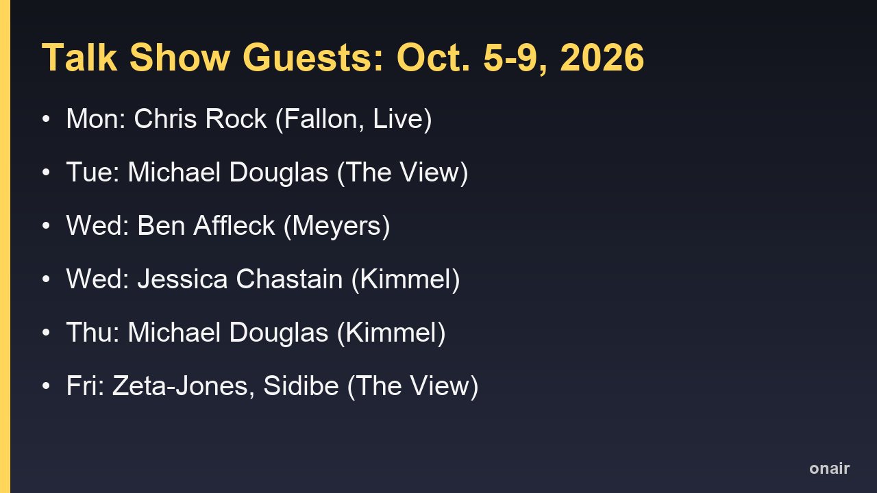 Talk Show Guests This Week (Oct. 5–9, 2026): Chris Rock, Ben Affleck, Michael Douglas