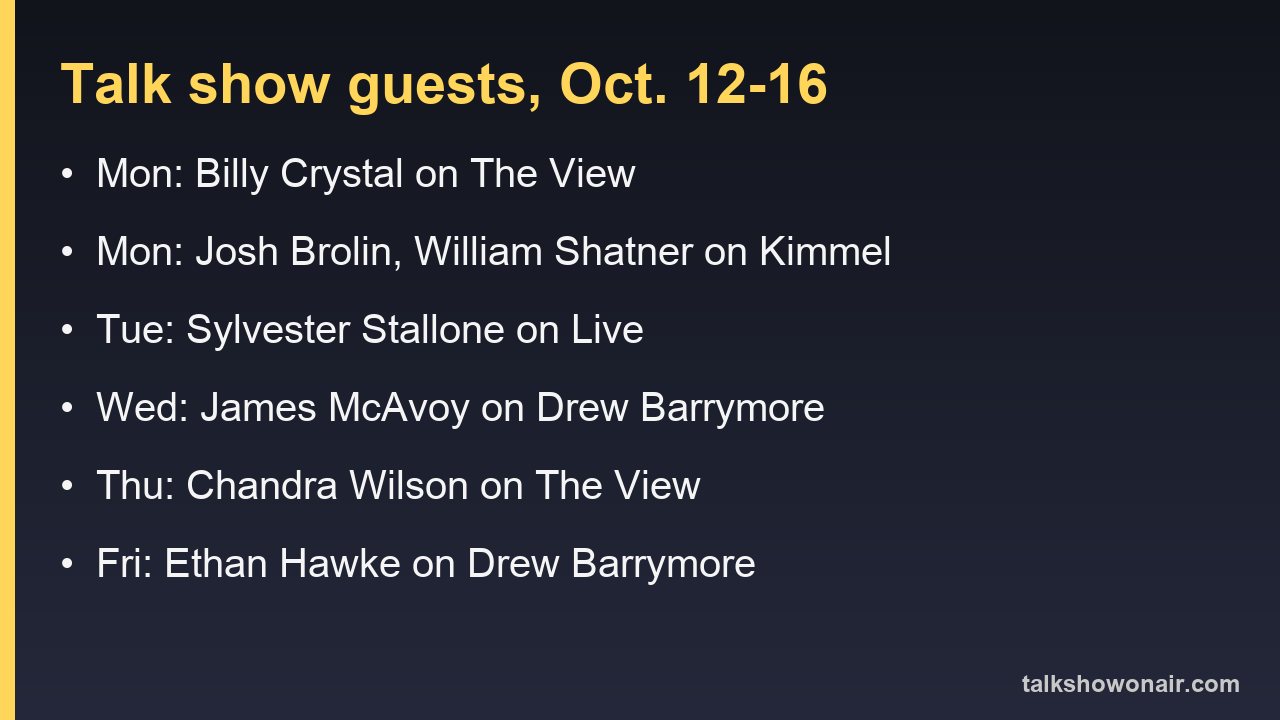 Oct. 12 to 16 talk show bookings: Billy Crystal, Josh Brolin and William Shatner, Sylvester Stallone, James McAvoy, Chandra Wilson, Ethan Hawke