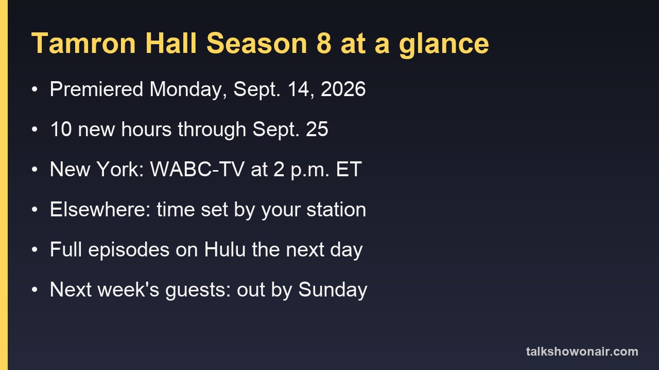 Tamron Hall Season 8 at a glance: premiered Sept. 14, 2026, WABC-TV at 2 p.m. ET in New York, full episodes on Hulu the next day